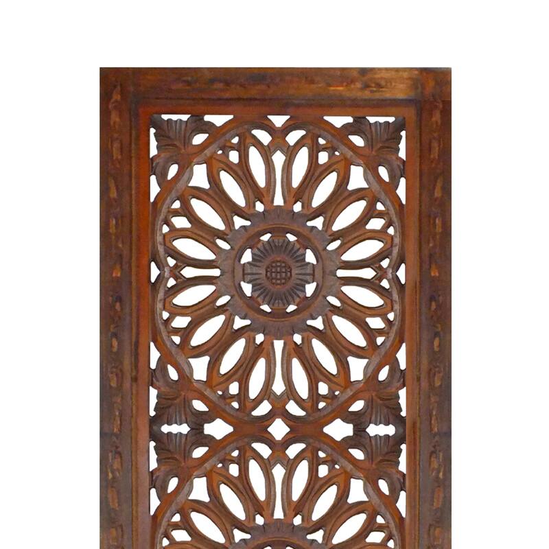 2 Piece Mango Wood Wall Panel Set with Mendallion Carving, Burnt Brown