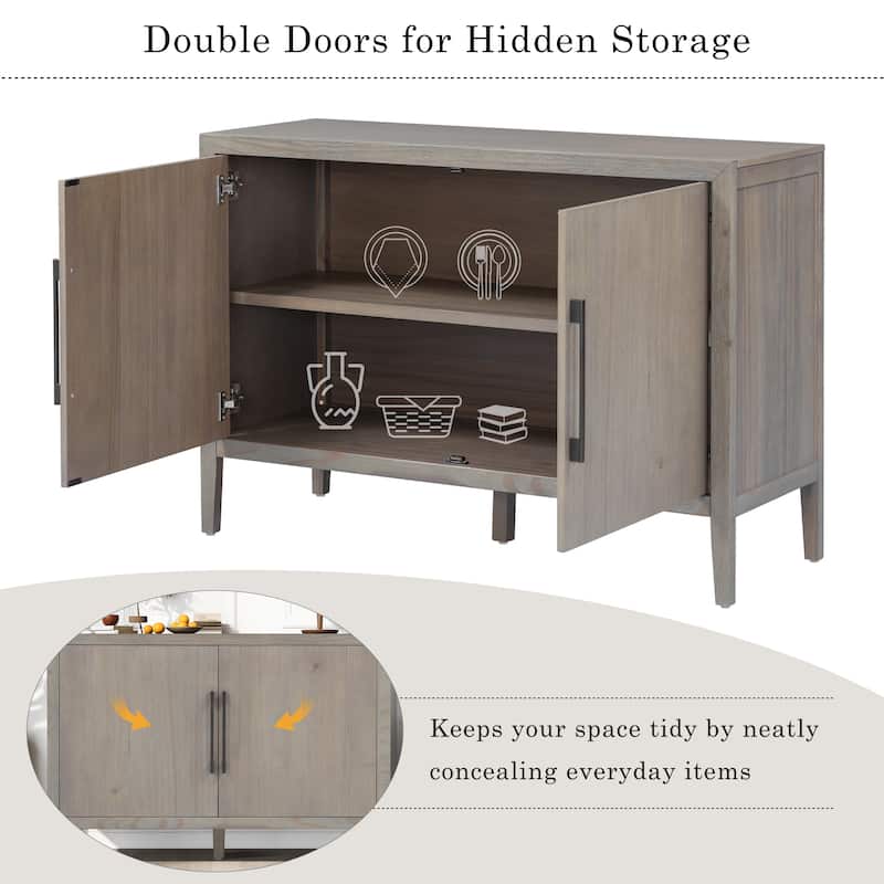 47.25"Sideboard with Pine Veneer and 2 Doors, Retro Buffet with Adjustable Feet, Wooden Storage Cabinet with Metal Handles