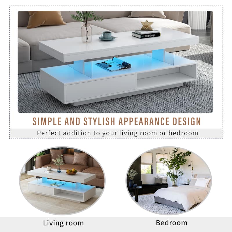 51.2'' LED Coffee Table with 2 Drawers and Shelves, Modern High Gloss Center Table with Storage for Living Room