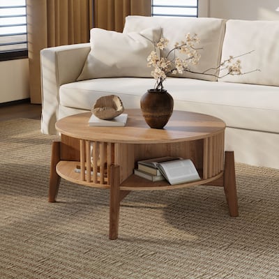 Oak Finish Manufactured Wood Round Coffee Table with Rubberwood Legs - 15.75" H x 31.5" Diameter