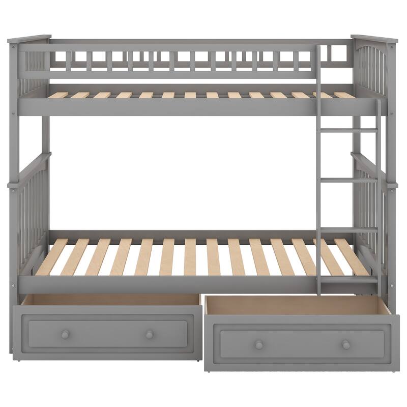 Full or Twin Bunk Bed with Safety Guardrail & 2 Storage Drawers, Convertible Beds Wood Slat Support Bunk Bed