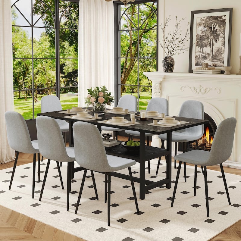 9-Piece Dining Table Set for 8, 71-Inch Rectangular Kitchen Table with 8 Linen Chairs, Modern Metal Frame Dining Room Set