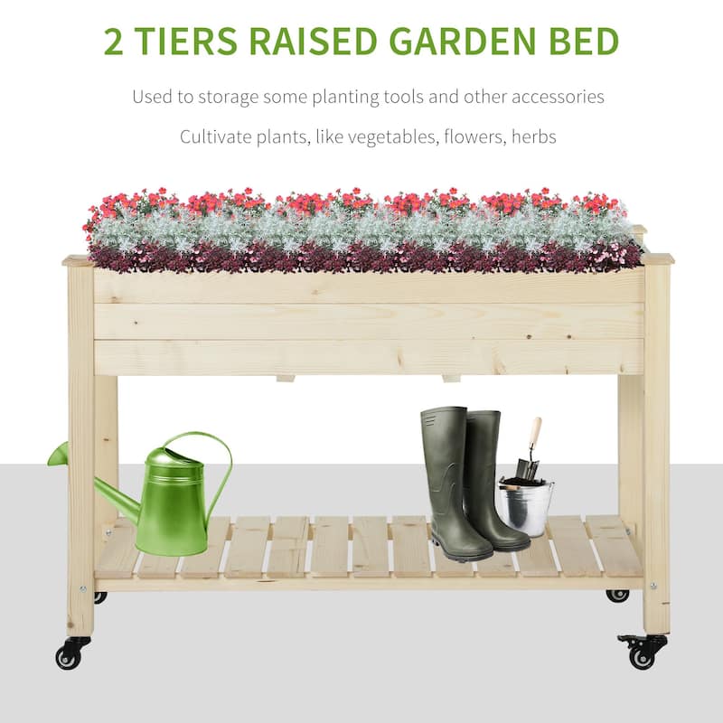Countryside Style Garden Bed with Lockable Wheels Storage Shelf and Bed Liner, for Backyard Patio, Natural - 8' x 10'