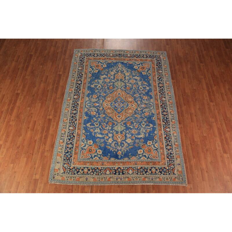 Blue & Orange Tabriz Persian Area Rug Handmade Wool Carpet - 6'8"x 9'3"