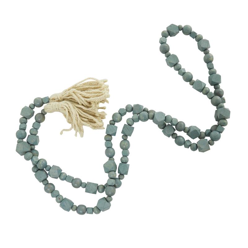Mango Wood Handmade Hexagon Carved Geometric Long Beaded Garland with Tassel - Roche River Decor