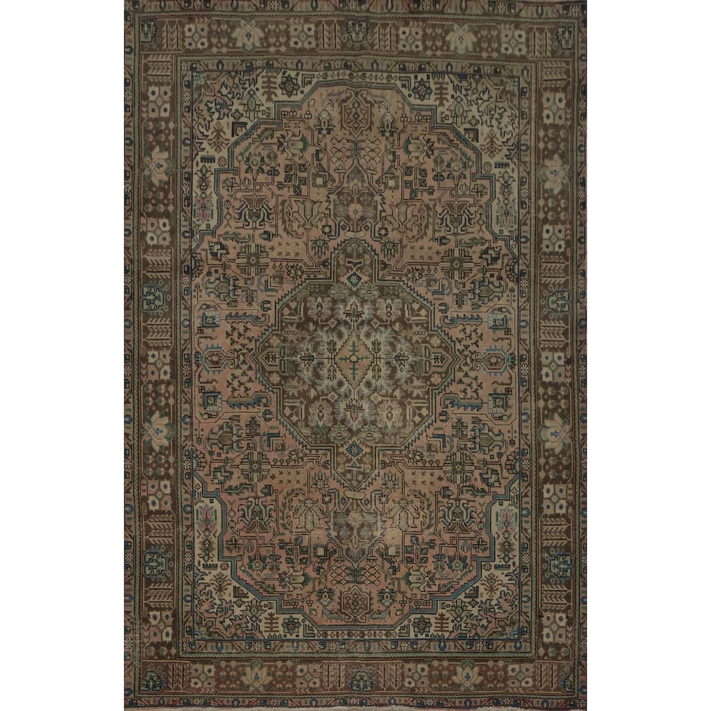 Hand Knotted Oriental 100% Wool Carpet Traditional Medallion Pink Tabriz Area Rug - 9' 8'' X 6' 6''