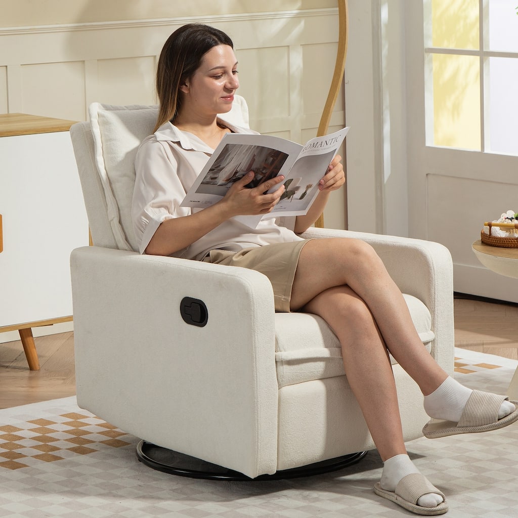 Cozy Short Plush Fabric 270° Swivel Rocker Chair Manual Recliner Chair