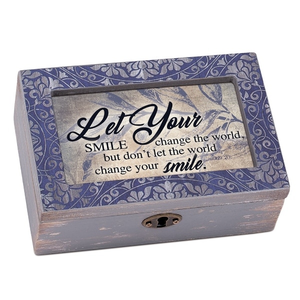 6” Floral and Blue “Let Your Smile Change The World” Distressed Wood Jewelry Music Box - N/A