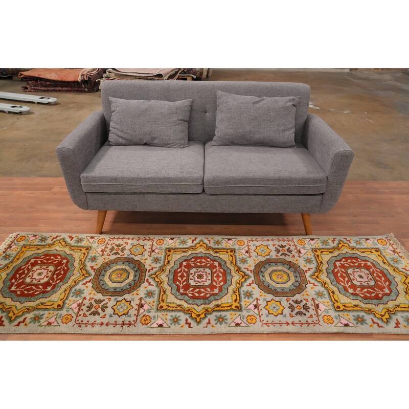 Hand Knotted Oriental 100% Wool Carpet Traditional Geometric Beige & Ivories Kazak Runner Rug - 7' 11'' X 2' 6''