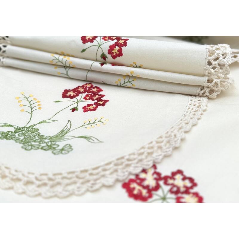 Embroidered Flowers with Beige-12Rnd-Doilies-Set of 4-Beige