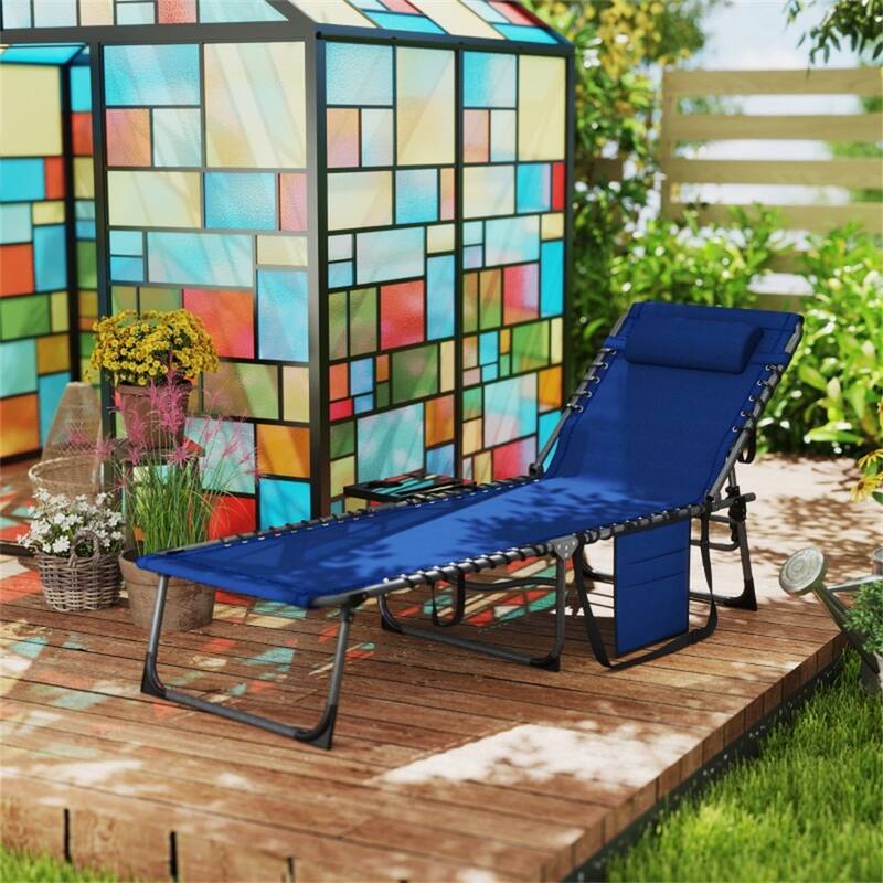 Adjustable Reclining Sun Lounger with Side Tray Pocket and Padded Head Pillow Foldable Steel Frame Oxford Fabric