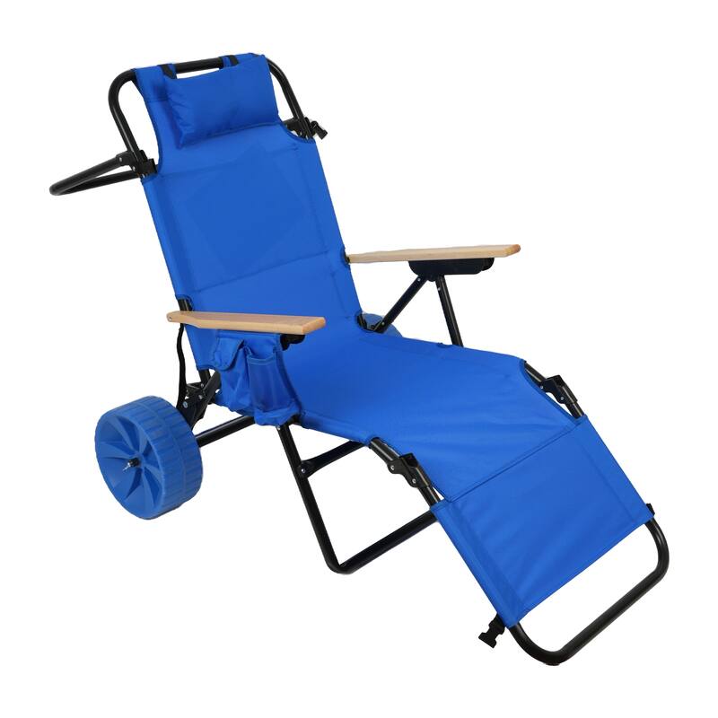 Beach Cart Chairs With Wheels 2 in 1 Foldable Beach Lounge Chair With Integrated Wagon Pull Cart Perfect for Backyard Pool - Light Blue