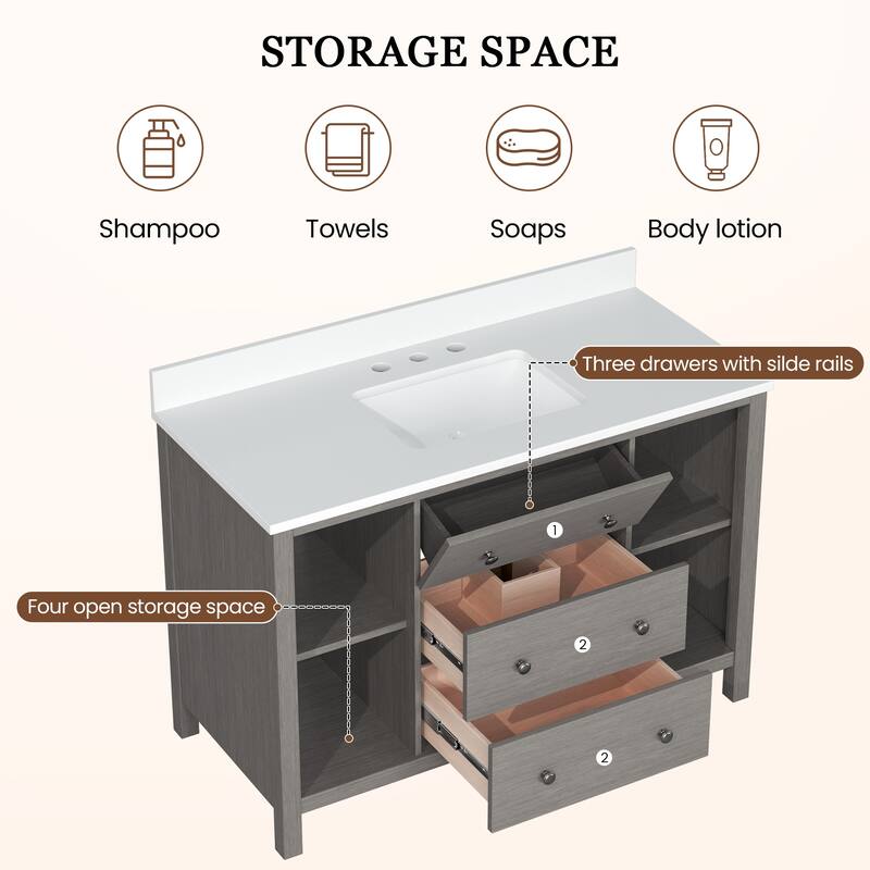 48-Inch Bathroom Vanity with Single Sink - Wood Grain Finish, Space-Saving
