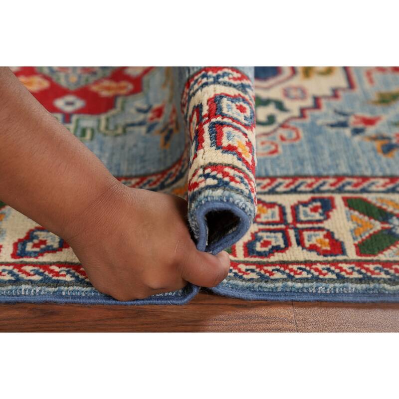 Light Blue Kazak Oriental Runner Rug Handmade Traditional Wool Carpet - 2'9" x 9'7"