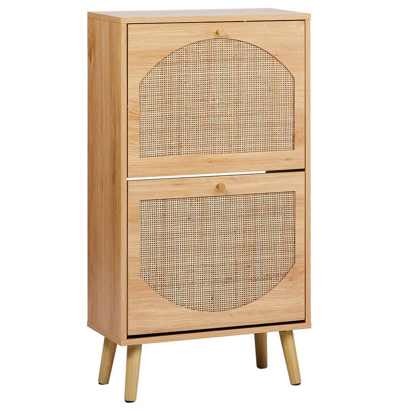 Rattan Shoe Cabinet with 2 / 4 Flip Drawers, Narrow Shoe Storage Cabinet,Organizer for Entryway, Bedroom, Living Room