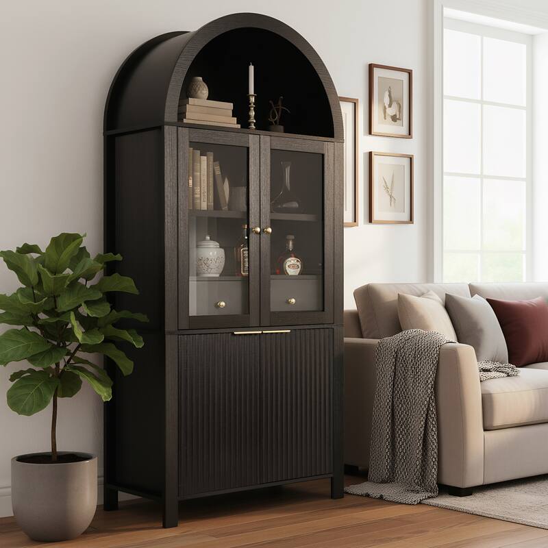 71" Fluted Tall Arched Pantry Cabinet with Adjustable Shelves, Elegant Display Storage with Hidden Drawer & Glass Door