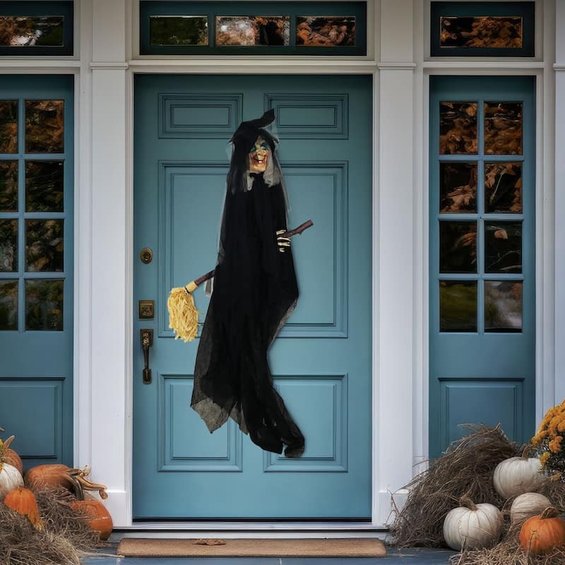 Haunted Hill Farm 6.5 ft. Witch on Broom, Indoor/Covered Outdoor Halloween Decoration, LED Red Eyes, Battery-Operated, Misty