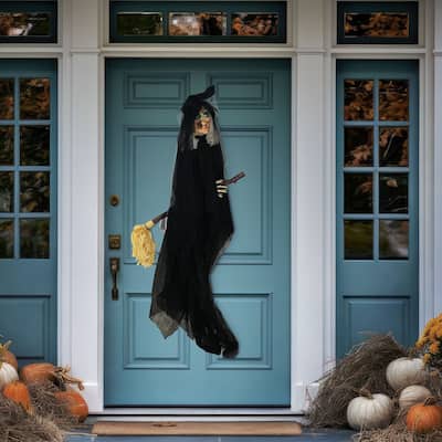 Haunted Hill Farm 6.5 ft. Witch on Broom, Indoor/Covered Outdoor Halloween Decoration, LED Red Eyes, Battery-Operated, Misty