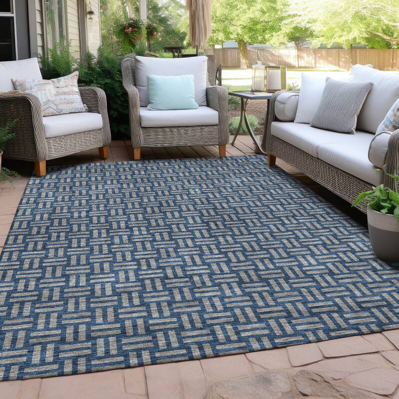 Machine Washable Indoor/ Outdoor Chantille Contempory Crosshatch Rug - Blue - 9' x 12'