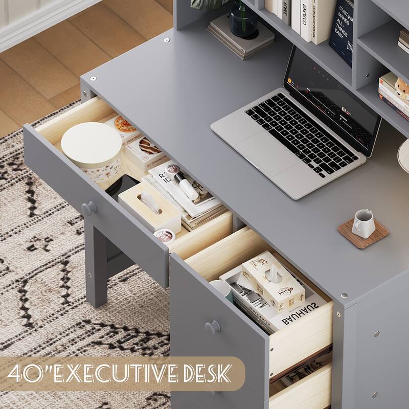 40'' Home Executive Desk and Upholstered Chair Set with Bookshelf, Computer Desk with Four Drawers