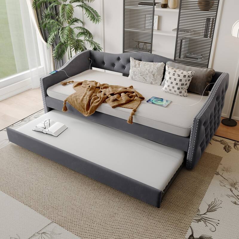 Twin Size Upholstered Daybed with Trundle and USB Charging