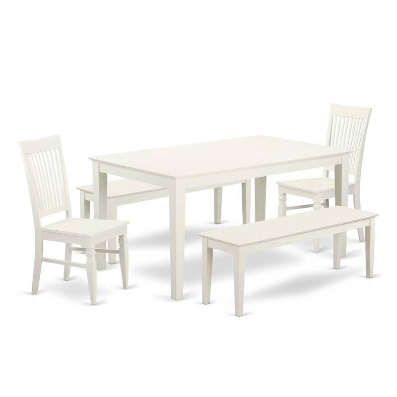 HomeStock 5-Piece Rectangle Linen White Finish Solid Wood Top Dining Table with 2 Benches, 2 Chairs with Lattice Back
