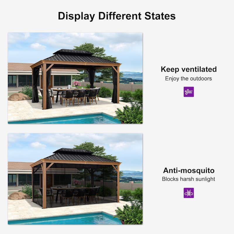 PURPLE LEAF Hardtop Gazebo Galvanized Steel Roof Gazebo Pergola w Wooden Coated Alumninum Frame and Mosquito Net