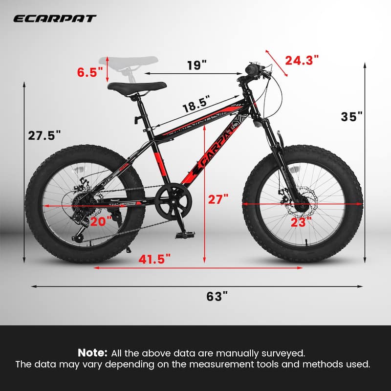 20 Inch Mountain Bike High Carbon Steel Bicycle, 7-Speed All-Terrain Bike with Disc Brakes, Front Suspension for Kids, Teens