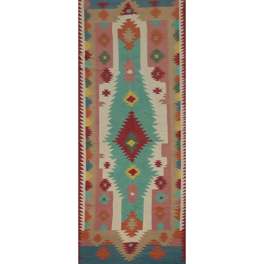 Hand Woven Oriental 100% Wool Carpet Southwestern Tribal Multi-Colored Kilim Runner Rug - 14' 10'' X 4' 9''