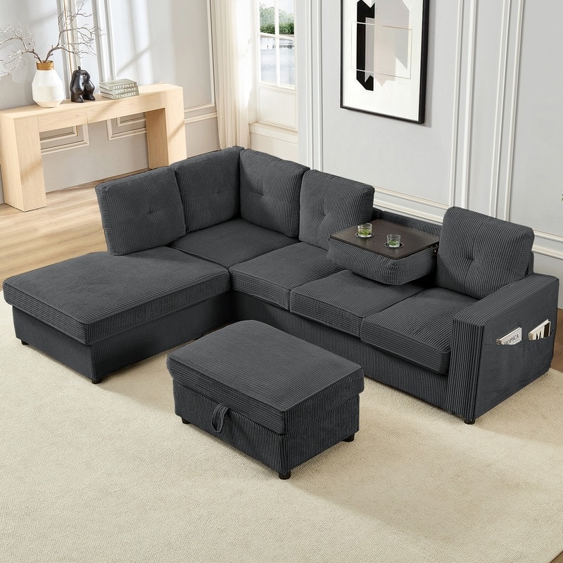 Mixoy 98’‘Multi-Functional Corduroy Upholstered Sofa Bed with Foldable Backrest Converts toTable,Cup Holde,Storage Ottoman
