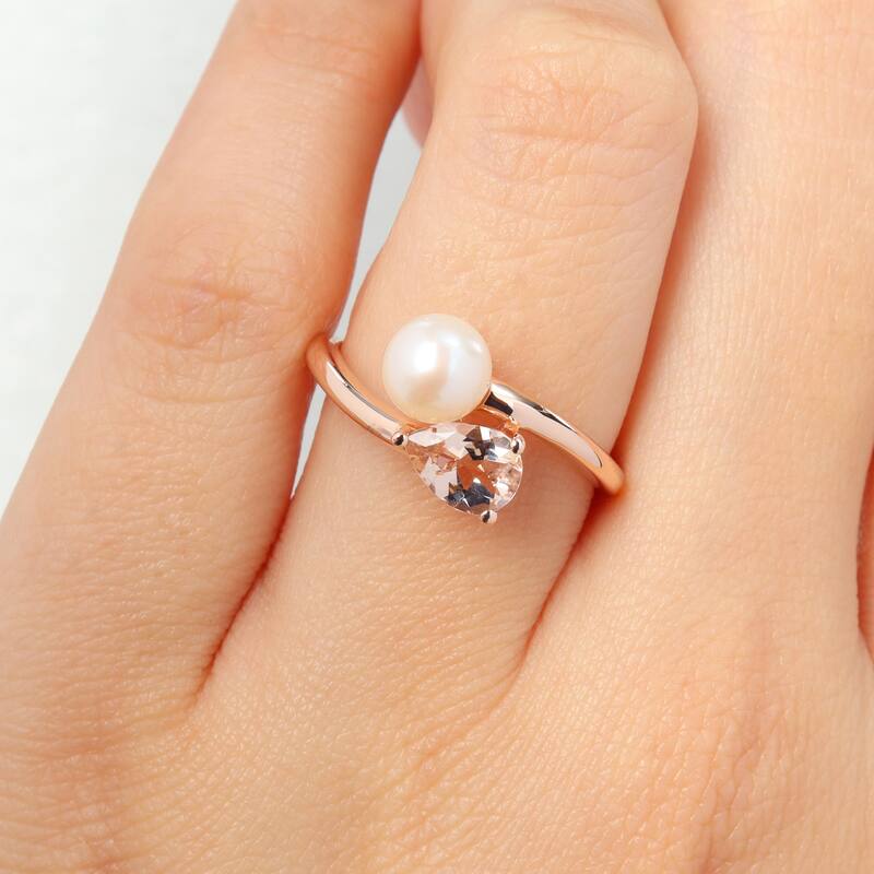 Miadora 6-6.5mm Cultured Freshwater Pearl and 3/4ct TGW Pear-Cut Morganite 2-Stone Ring in 10k Rose Gold