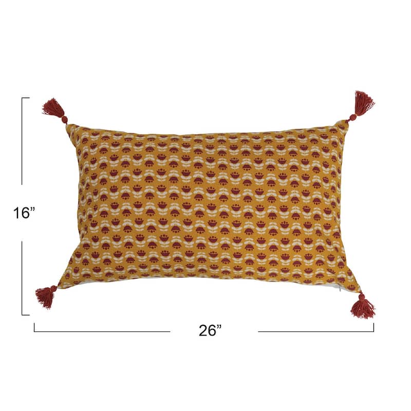 Cotton Slub Lumbar Pillow with Floral Pattern and Tassels