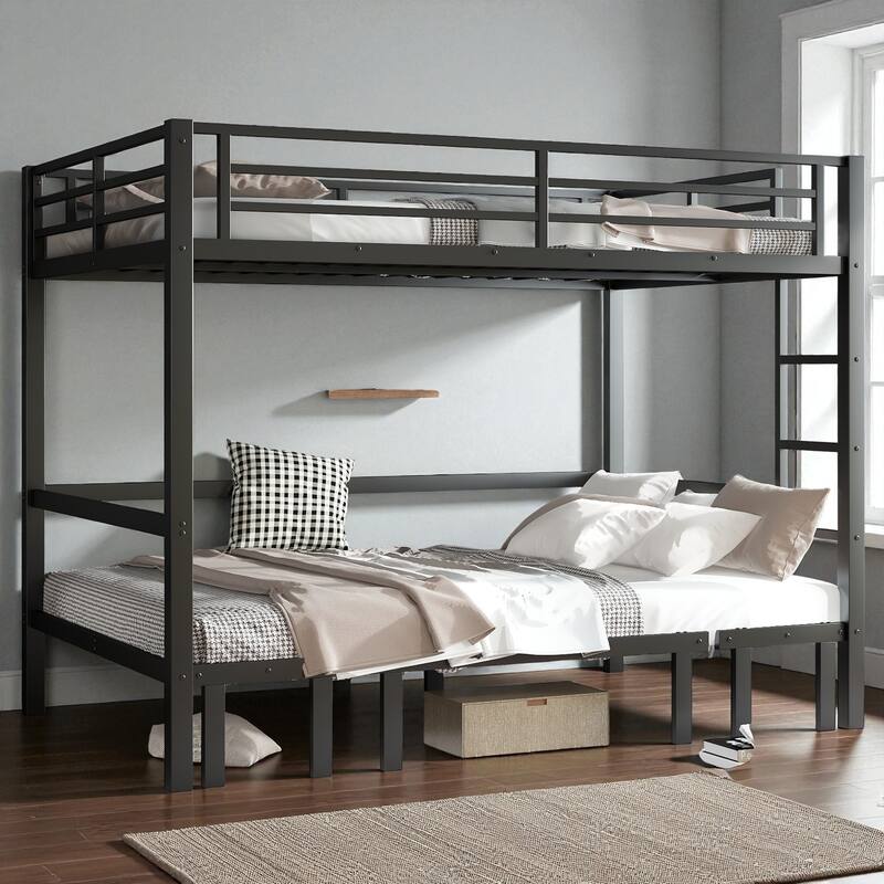 Full over Full / Queen over Queen Metal Bunk Bed with 3-Section Pull-Out Lower Bed and Safety Guardrails