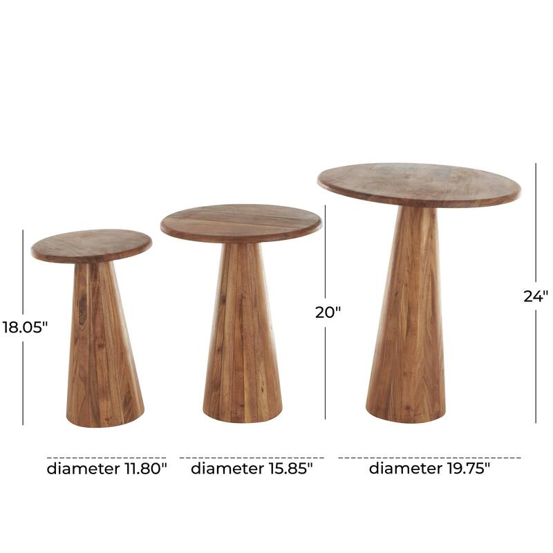 Brown or Light Brown Wood Side End Accent Table with Natural Wood Grains and Cone Shaped Bases (Set of 3)