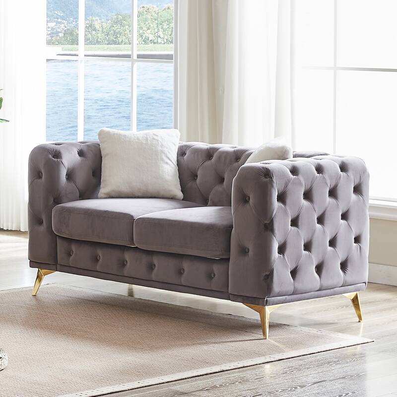 Velvet Chesterfield Loveseat Sofa, Tufted Button Upholstered 2 Seater Sofa, Lounge Sofa Chair with 2 Pillows & Metal Legs