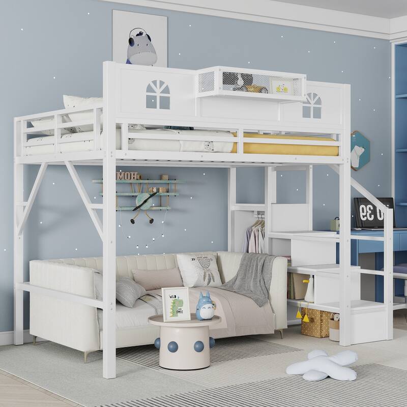 White High Loft Bed Frame with Storage Stairs and Wardrobe, Loft Metal Frame Bed with High House Shaped Guardrails for Kid Teens