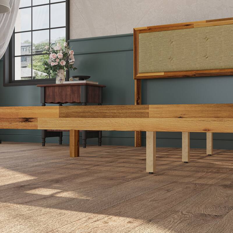 Acacia Wood Platform Bed Frame with Upholstered Headboard - Solid Wood Construction