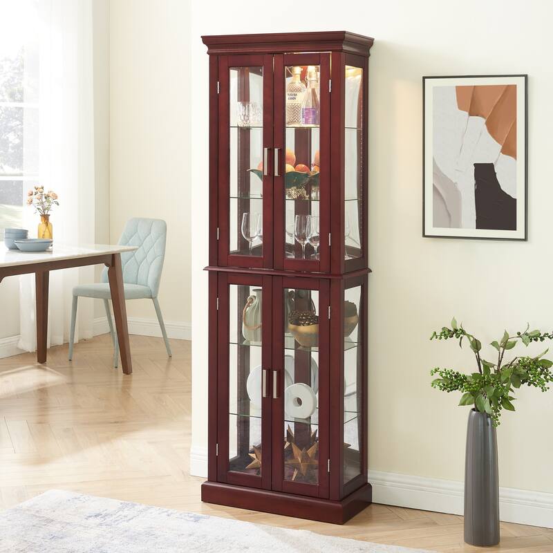 6-Tier Lighted Curio Cabinet with Tempered Glass Doors & Adjustable Shelves, Mirrored Back Panel Transitional Display Cabinet - Cherry