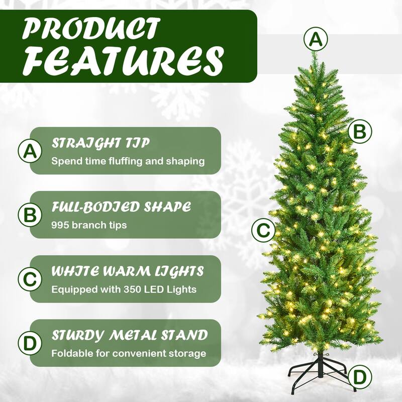 Gymax 7 ft Pre-lit Pencil Christmas Tree Hinged Fir Tree Holiday Decor - See Details
