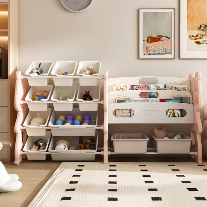 Kids Toy Storage Organizer, Toy Organizer with 2 Tier Bookshelf, Storage with Shelf and 12 Toy Bins, Bookshelf and Toy Storage