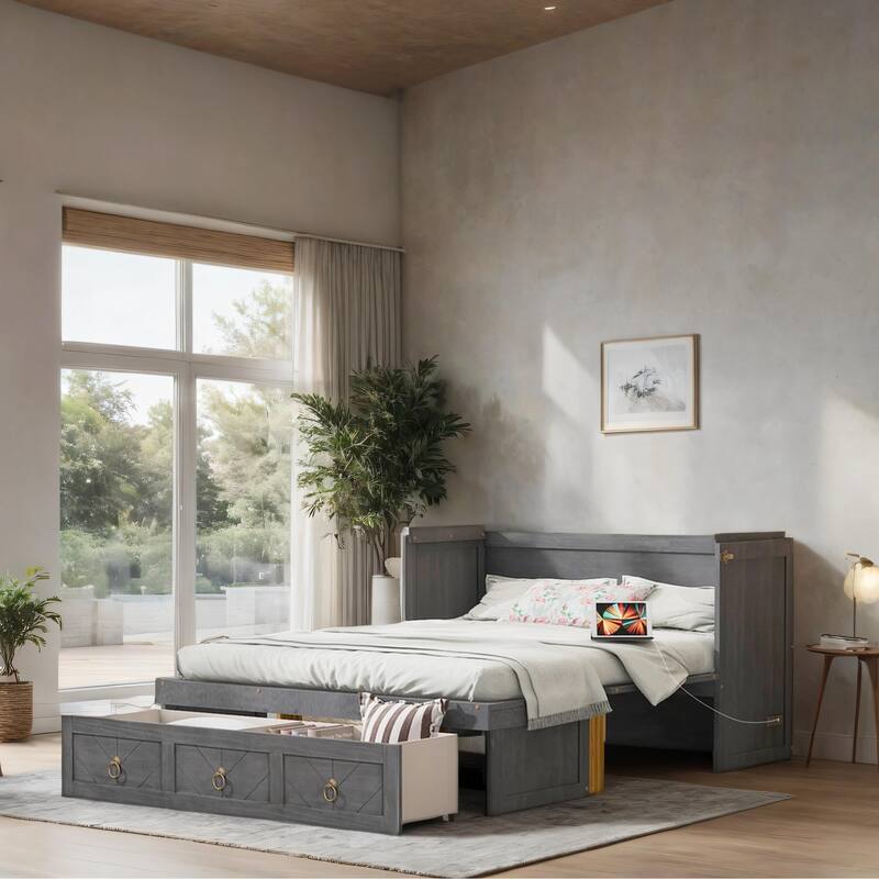 Queen Size Wood Murphy Bed with USB Port Module and Drawer