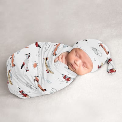 Sweet Jojo Designs Vintage Airplane Boy Baby Cocoon and Beanie Hat Sleep Sack 2pc Set- Transportation Clouds Sun Sky Aviator Red