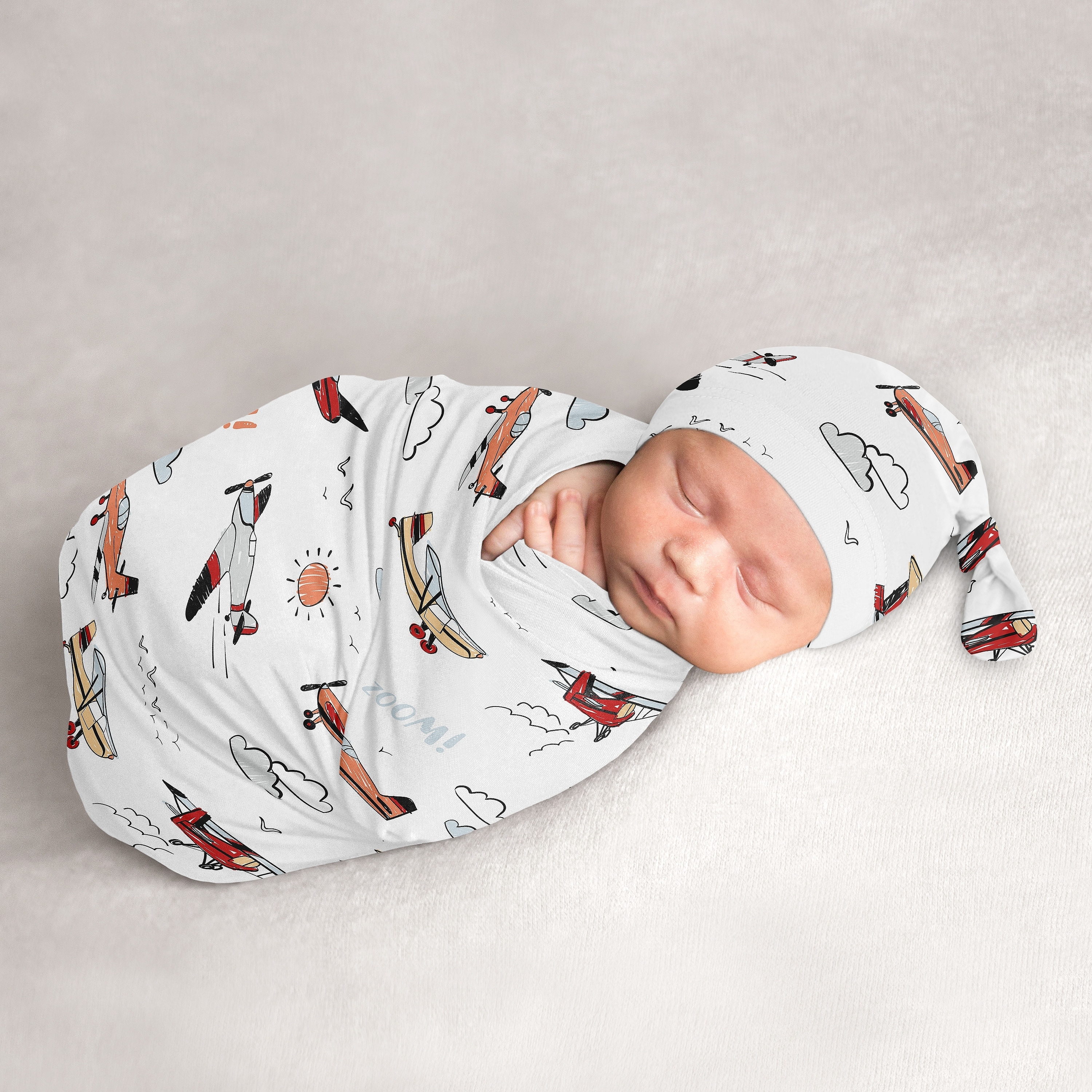 Sweet Jojo Designs Vintage Airplane Boy Baby Cocoon and Beanie Hat Sleep Sack 2pc Set- Transportation Clouds Sun Sky Aviator Red