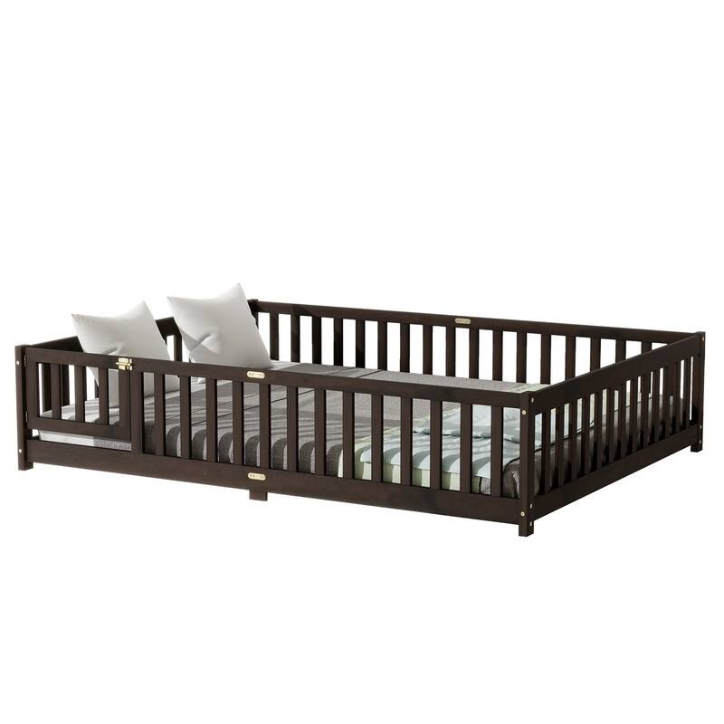 Twin/Full/Queen Size Floor Bed with Fence Guardrails and Door, Rubber Wood Toddler Bed Montessori Bed with Slats Support