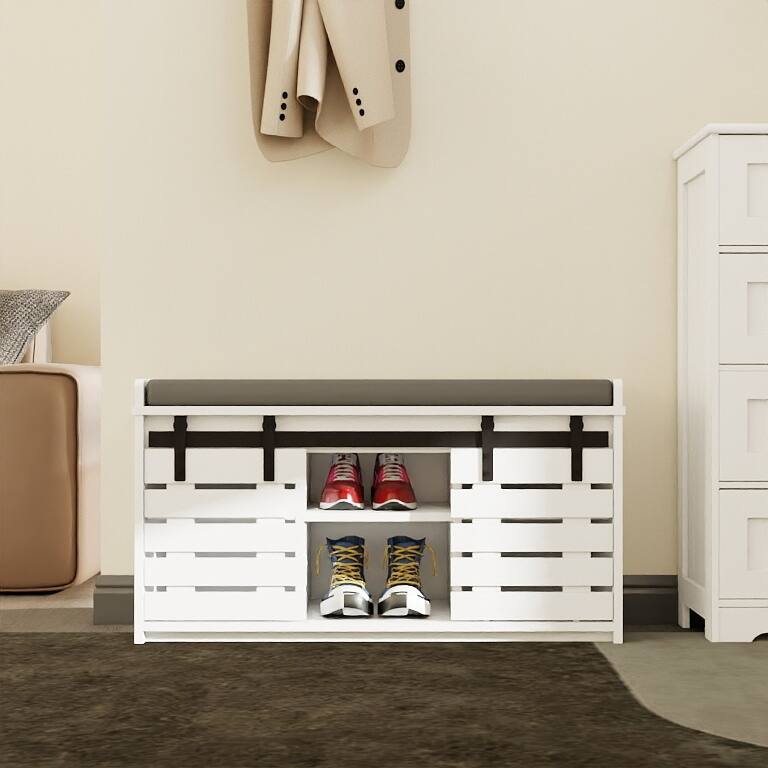 Modern Shoe Storage Bench, 2-Tier Entryway Bench with 2 Sliding Barn Doors