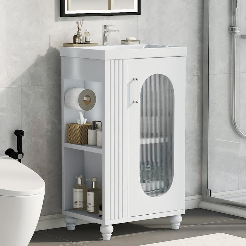 20" Bathroom Vanity with Sink, Bathroom Vanity Cabinet with Two-tier Shelf, Adjustable Shelf, Solid Wood and MDF, White - White