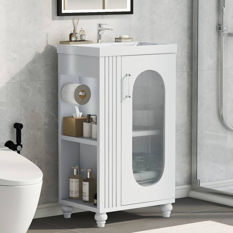 Small Bathroom Vanity with Sink, Wood Bathroom Cabinet with Glass Door, Single Basin Vanity Set with Two-Tier Shelf