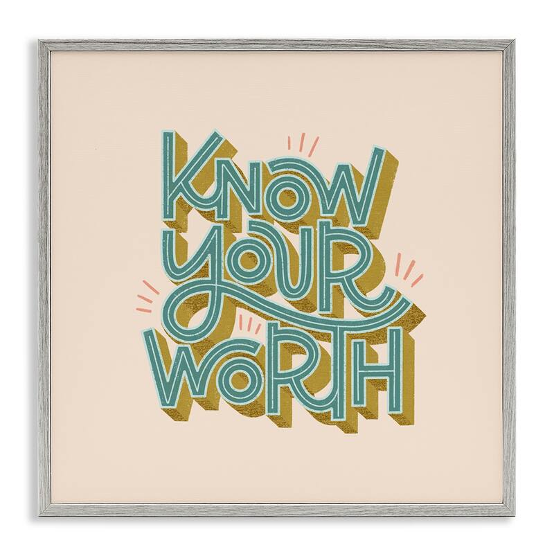 Stupell Know Your Worth Green on Beige Framed Giclee Art Design By Sarah Hickman - 12 x 12 - Grey