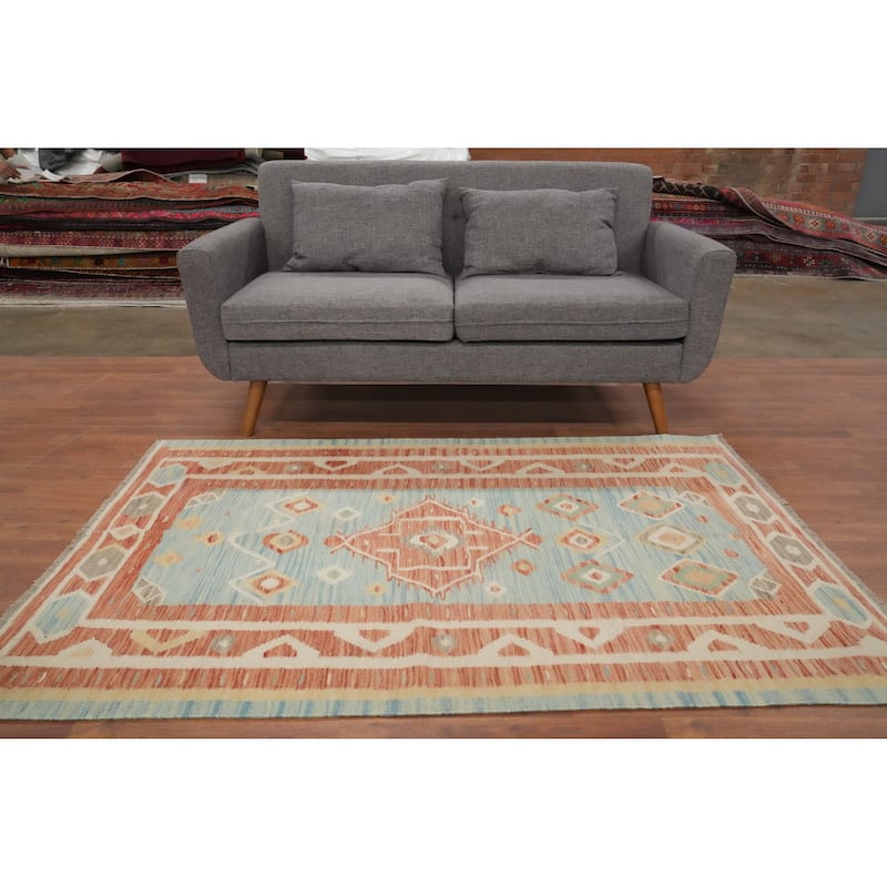 Hand Woven Oriental 100% Wool Carpet Southwestern Tribal Navy Blue & Blues Kilim Area Rug - 5' 11'' X 4' 0''