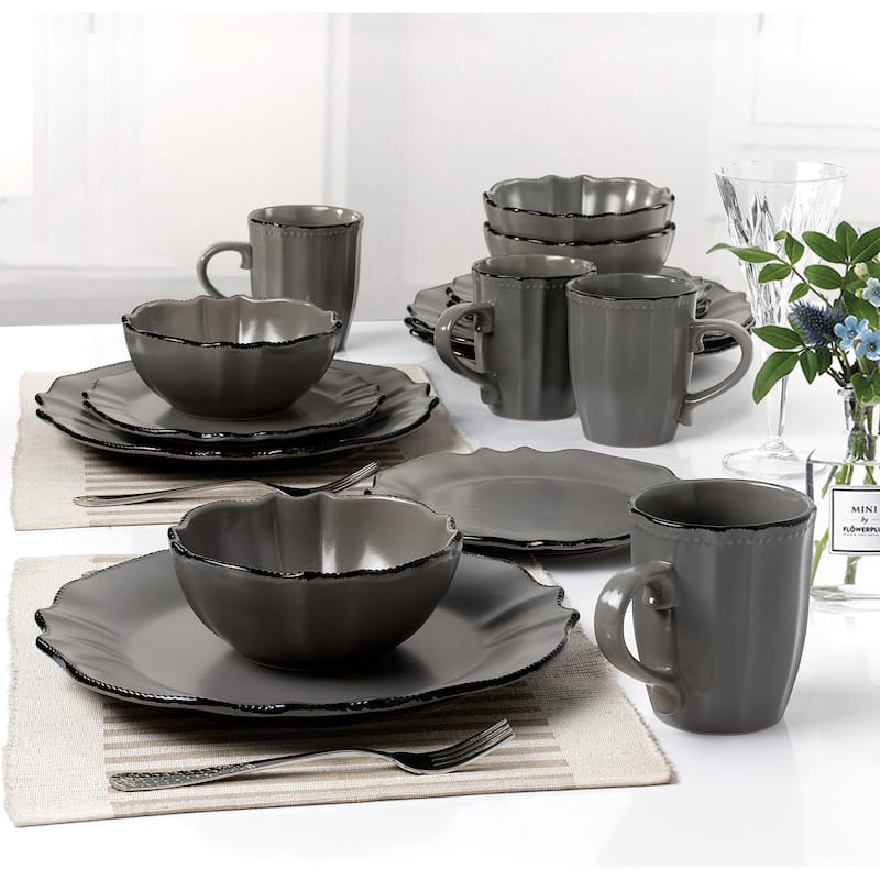 Lorren Home Trends 16 Piece Scalloped Edge Slate Grey Dinnerware